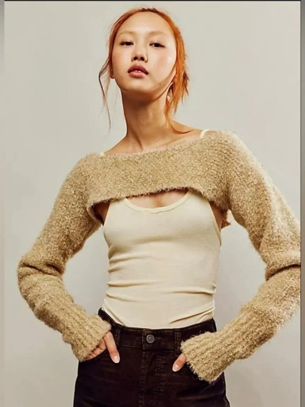 Free People Shimmer Stretch Knit Sweater Bolero in Golden Combo Size Large NWT